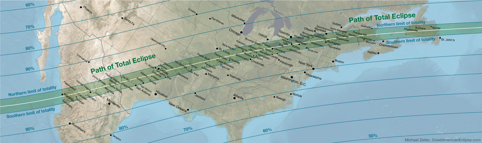 Map of the US showing path of 2024 eclipse totality