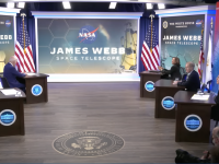 President Biden, Vice President Harris, NASA Administrator Bill Nelson, OSTP Director Alondra Nelson, and JWST Project Scientist Jane Rigby sit at small desks in front of a screen saying "James Webb Space Telescope"